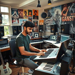 An Indian independent music composer deeply engaged in his creative process inside a lively music studio, surrounded by an assortment of musical instruments and recording gear