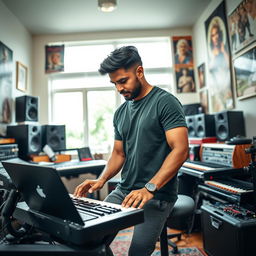 An Indian independent music composer deeply engaged in his creative process inside a lively music studio, surrounded by an assortment of musical instruments and recording gear