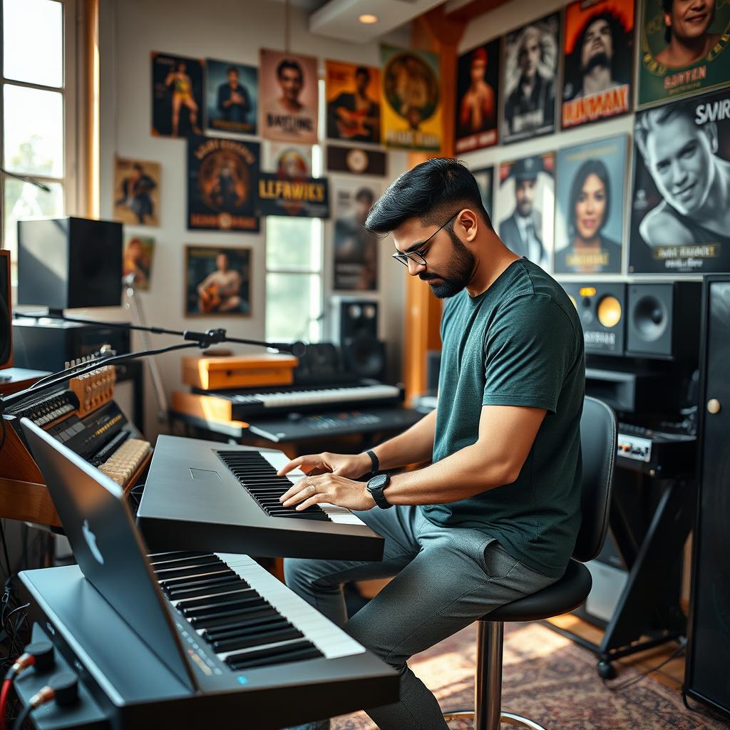 An Indian independent music composer deeply engaged in his creative process inside a lively music studio, surrounded by an assortment of musical instruments and recording gear