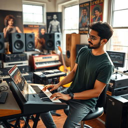 An Indian independent music composer deeply engaged in his creative process inside a lively music studio, surrounded by an assortment of musical instruments and recording gear