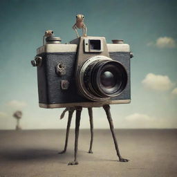 An unusual, imaginative depiction of a camera with legs, resembling a living creature, in a surreal, whimsical scene.