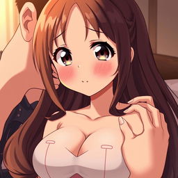 A very embarrassed and cute anime girl with large breasts, blushing deeply