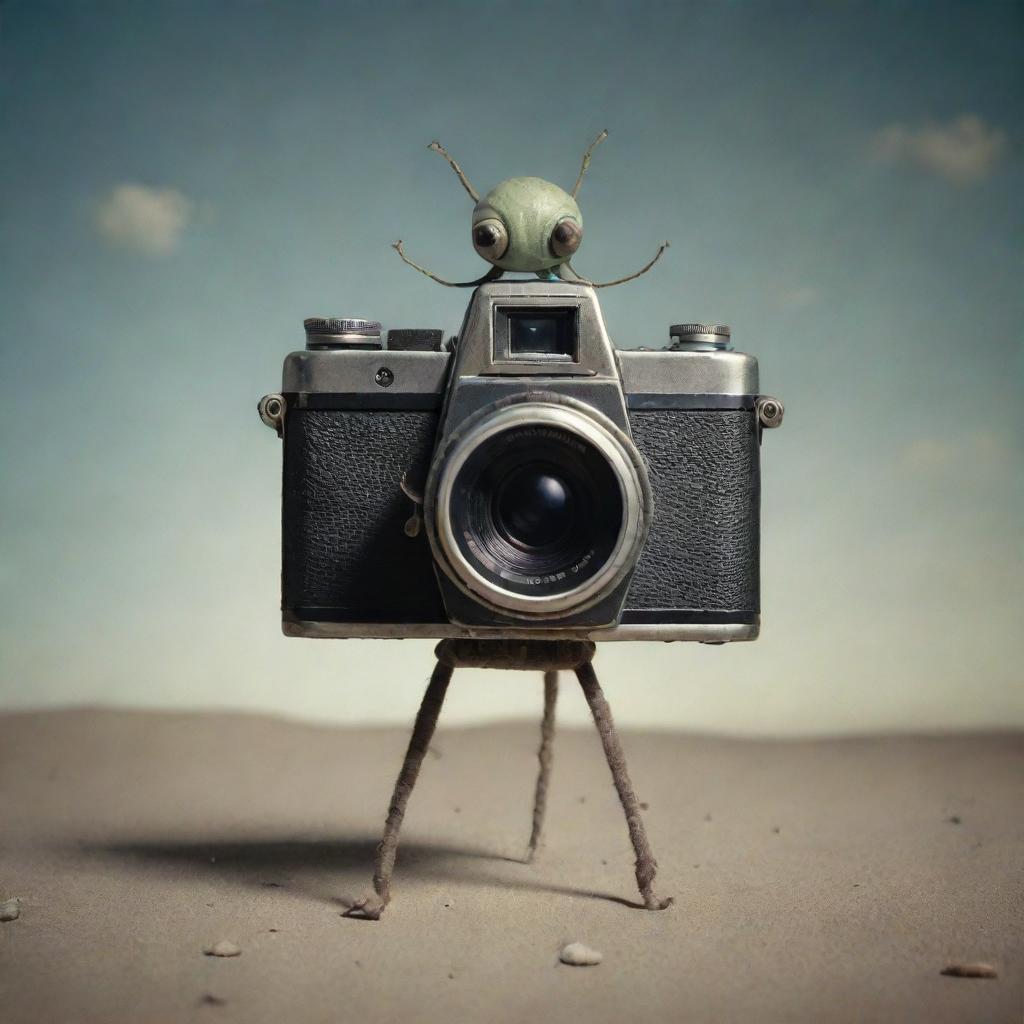 An unusual, imaginative depiction of a camera with legs, resembling a living creature, in a surreal, whimsical scene.