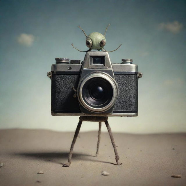 An unusual, imaginative depiction of a camera with legs, resembling a living creature, in a surreal, whimsical scene.