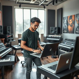 An Indian independent music composer immersed in his work inside a modern music studio, surrounded by an array of instruments and high-tech recording equipment