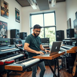 An Indian independent music composer immersed in his work inside a modern music studio, surrounded by an array of instruments and high-tech recording equipment