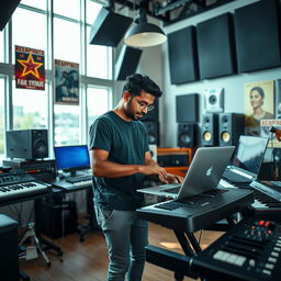 An Indian independent music composer immersed in his work inside a modern music studio, surrounded by an array of instruments and high-tech recording equipment