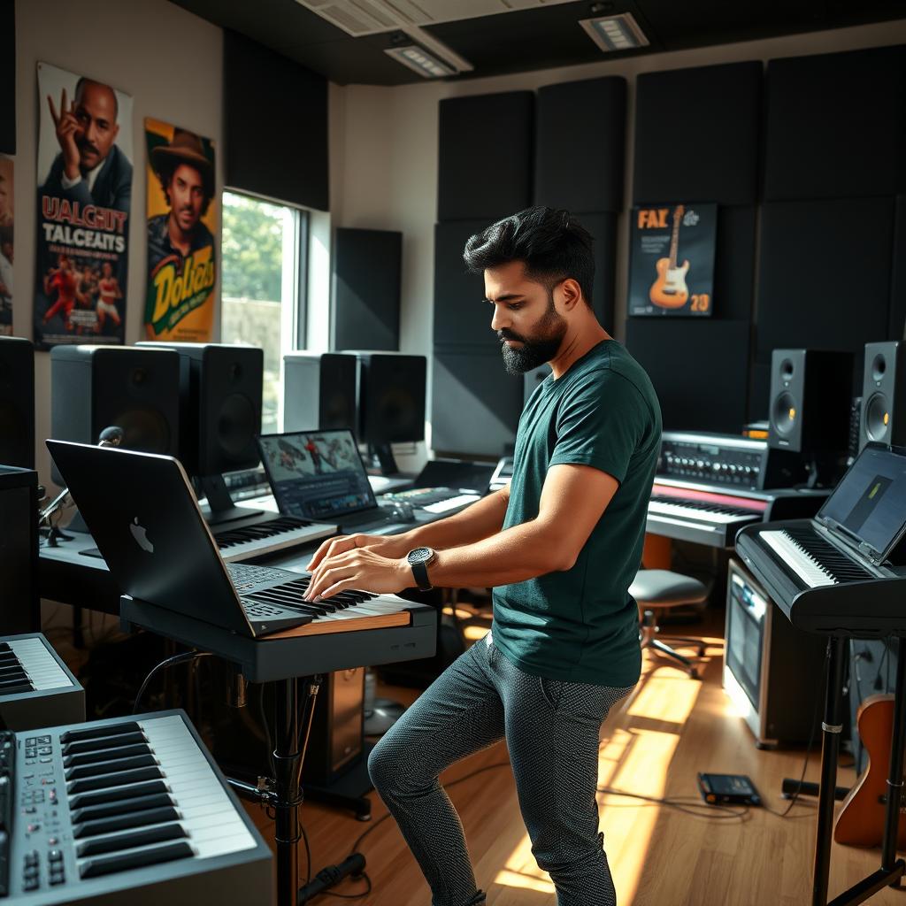 An Indian independent music composer immersed in his work inside a modern music studio, surrounded by an array of instruments and high-tech recording equipment