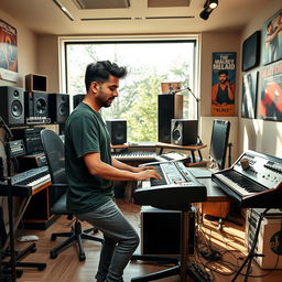 An Indian independent music composer immersed in his work within a modern music studio, surrounded by an array of musical instruments and high-quality recording equipment