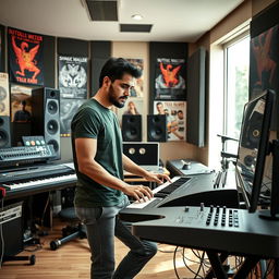 An Indian independent music composer immersed in his work within a modern music studio, surrounded by an array of musical instruments and high-quality recording equipment