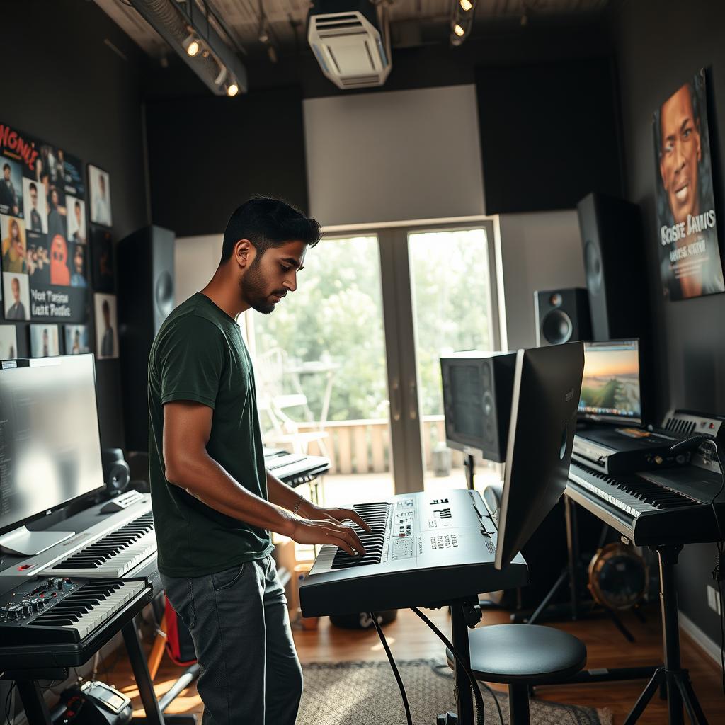 An Indian independent music composer immersed in his work within a modern music studio, surrounded by an array of musical instruments and high-quality recording equipment