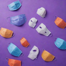 Various face masks scattered artistically on a vibrant purple background.