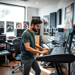 An Indian independent music composer immersed in his work within a modern music studio, surrounded by an array of musical instruments and high-quality recording equipment