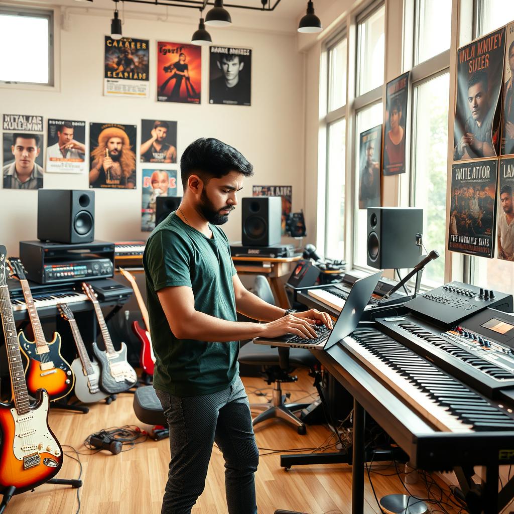 An Indian independent music composer working diligently in a modern music studio, wearing a dark green t-shirt and sleek gray carbon-fiber pants