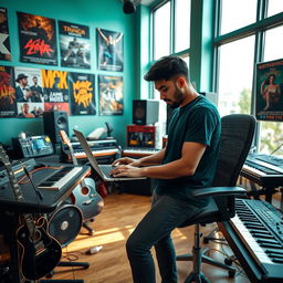 An Indian independent music composer working diligently in a modern music studio, wearing a dark green t-shirt and sleek gray carbon-fiber pants