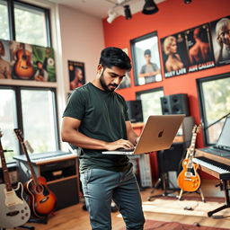 An Indian independent music composer working diligently in a modern music studio, wearing a dark green t-shirt and sleek gray carbon-fiber pants