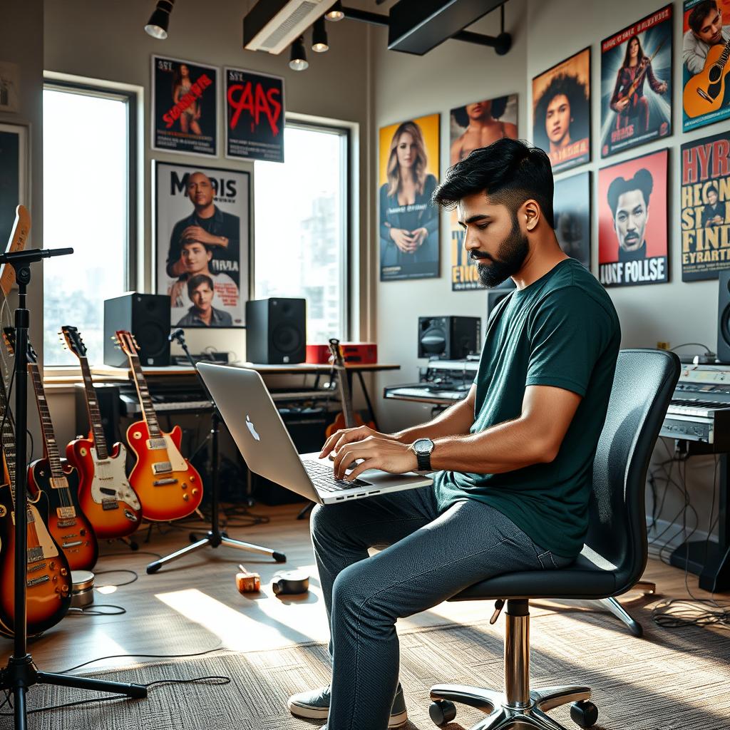 An Indian independent music composer working diligently in a modern music studio, wearing a dark green t-shirt and sleek gray carbon-fiber pants