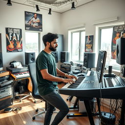 An Indian independent music composer actively working in a modern music studio, surrounded by various musical instruments and high-end recording devices