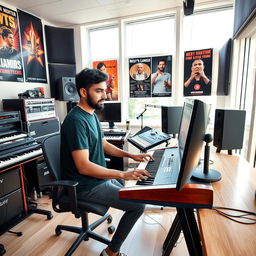 An Indian independent music composer actively working in a modern music studio, surrounded by various musical instruments and high-end recording devices