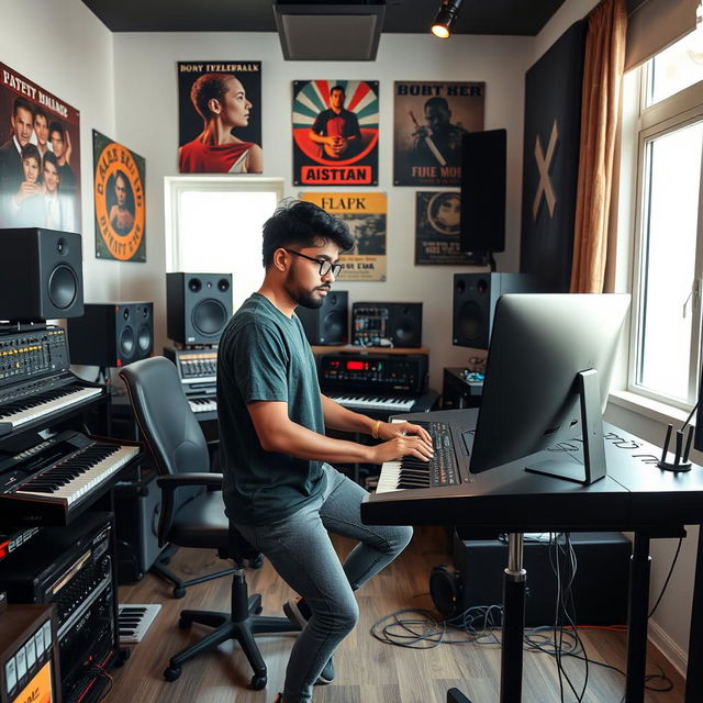 An Indian independent music composer actively working in a modern music studio, surrounded by various musical instruments and high-end recording devices