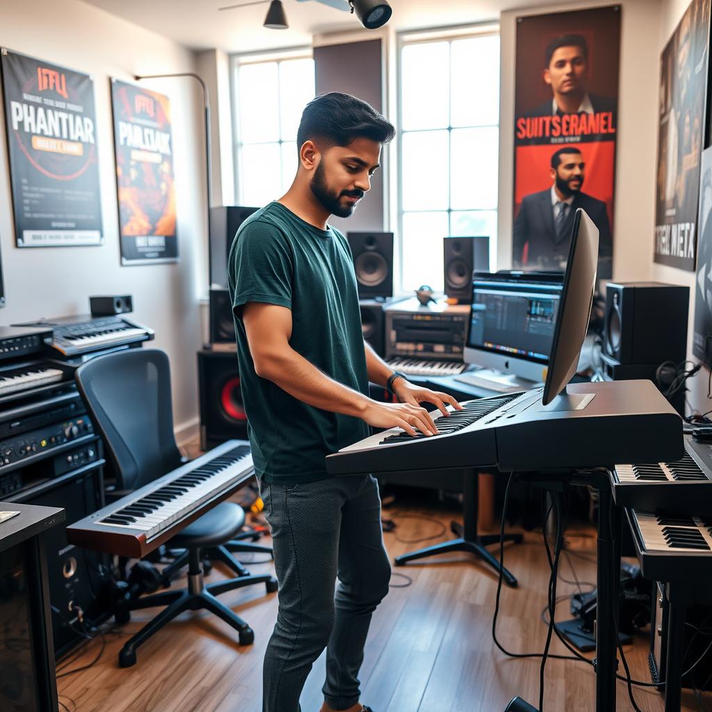 An Indian independent music composer actively working in a modern music studio, surrounded by various musical instruments and high-end recording devices