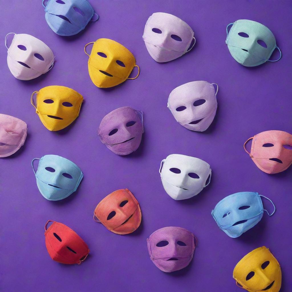 Various face masks scattered artistically on a vibrant purple background.