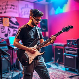 An Indian independent music composer in a studio setting, intensely focused while playing an electric guitar