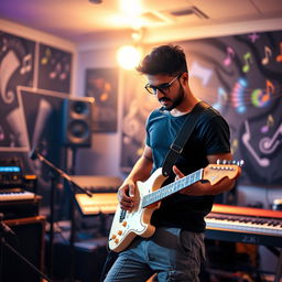 An Indian independent music composer in a studio setting, intensely focused while playing an electric guitar