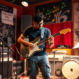 An Indian independent music composer in a studio setting, intensely focused while playing an electric guitar