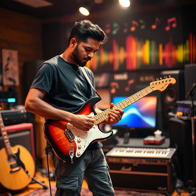 An Indian independent music composer in a studio setting, intensely focused while playing an electric guitar