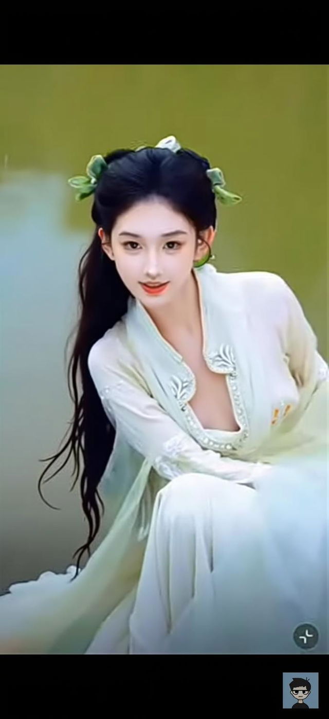 A serene, ethereal young woman with long, flowing black hair adorned with delicate green ribbons, dressed in a flowing, pale green traditional Chinese dress