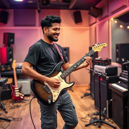 An Indian independent music composer in a modern recording studio, passionately playing an electric guitar