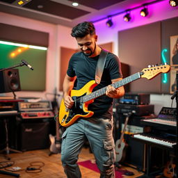 An Indian independent music composer in a modern recording studio, passionately playing an electric guitar