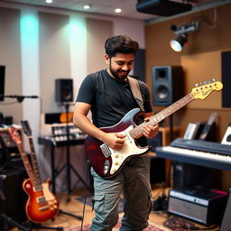 An Indian independent music composer in a modern recording studio, passionately playing an electric guitar