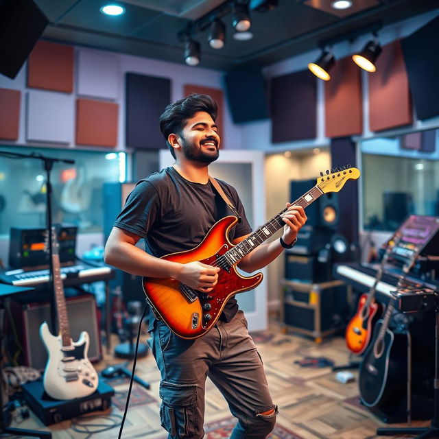 An Indian independent music composer in a modern recording studio, passionately playing an electric guitar