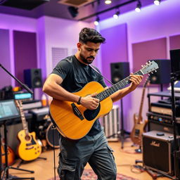 An Indian independent music composer immersed in his creative process while playing an acoustic guitar in a modern recording studio