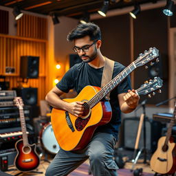 An Indian independent music composer immersed in his creative process while playing an acoustic guitar in a modern recording studio