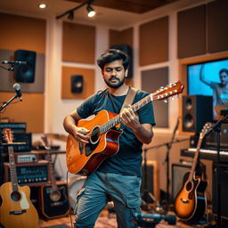 An Indian independent music composer immersed in his creative process while playing an acoustic guitar in a modern recording studio