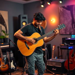 An Indian independent music composer immersed in his creative process while playing an acoustic guitar in a modern recording studio