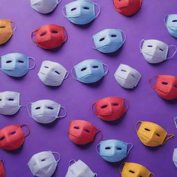 Various face masks scattered artistically on a vibrant purple background.