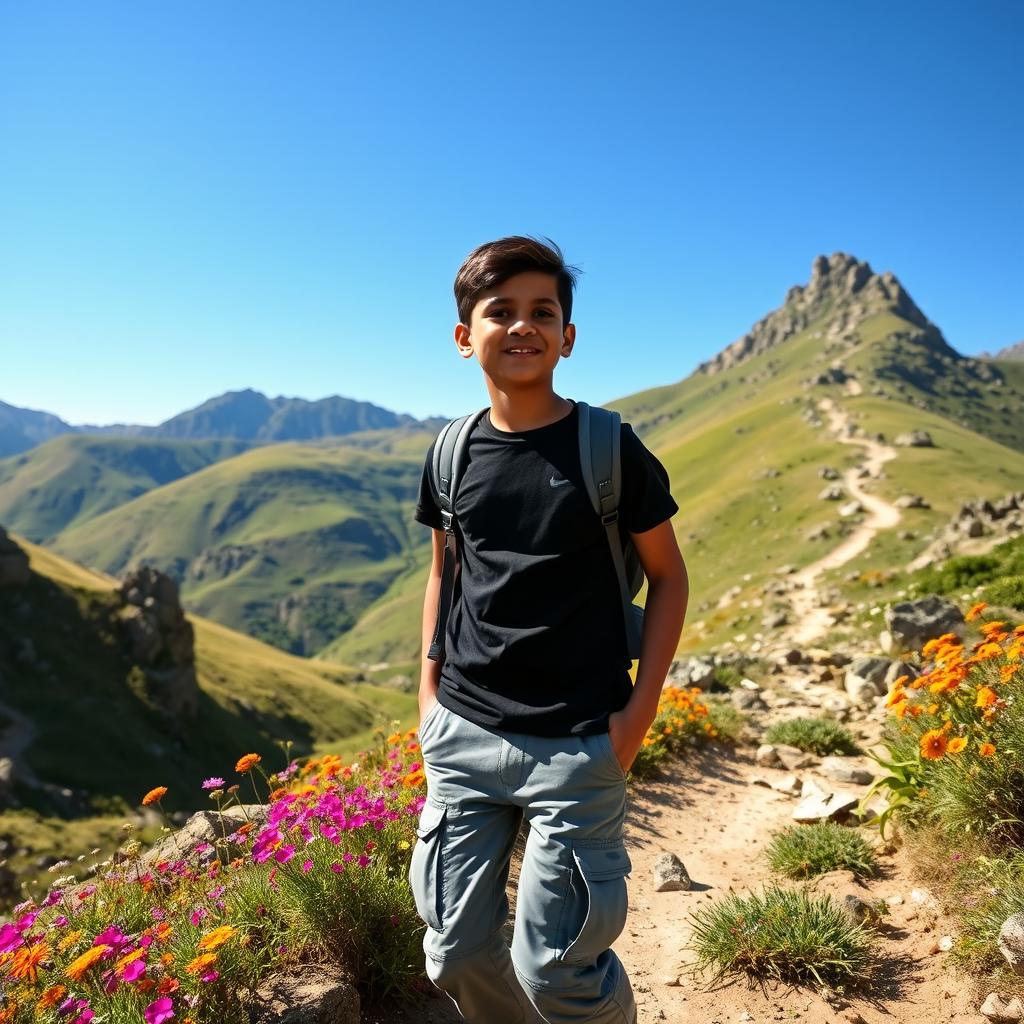 An Indian boy traveling through a beautiful mountainous valley, wearing a dark stylish t-shirt and gray cargo pants