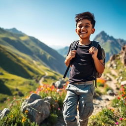 An Indian boy traveling through a beautiful mountainous valley, wearing a dark stylish t-shirt and gray cargo pants