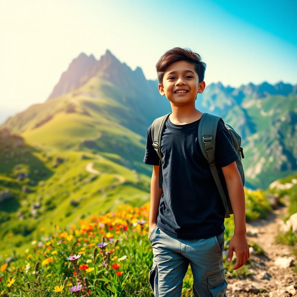 An Indian boy traveling through a beautiful mountainous valley, wearing a dark stylish t-shirt and gray cargo pants