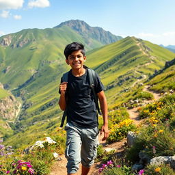 An Indian boy traveling through a beautiful mountainous valley, wearing a dark stylish t-shirt and gray cargo pants