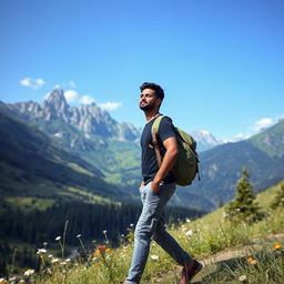 An Indian man traveling through a serene mountainous valley, dressed in a dark stylish t-shirt and gray cargo pants