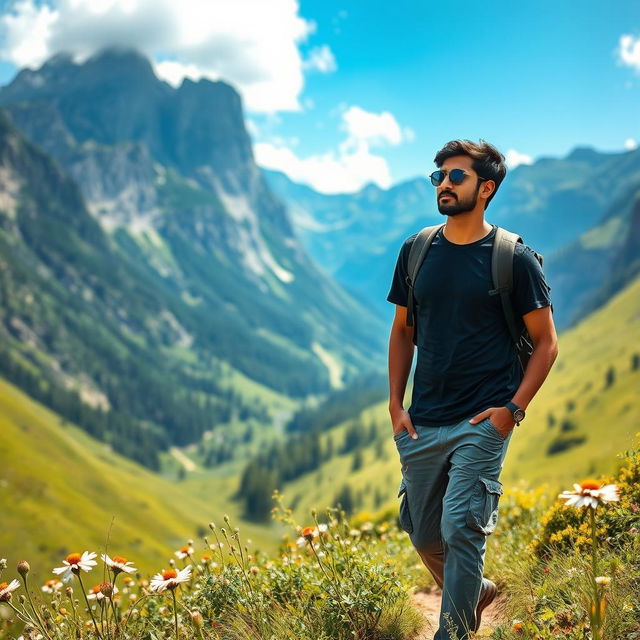 An Indian man traveling through a serene mountainous valley, dressed in a dark stylish t-shirt and gray cargo pants