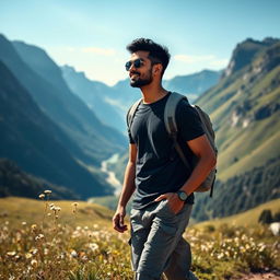 An Indian man traveling through a serene mountainous valley, dressed in a dark stylish t-shirt and gray cargo pants