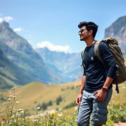 An Indian man traveling through a serene mountainous valley, dressed in a dark stylish t-shirt and gray cargo pants