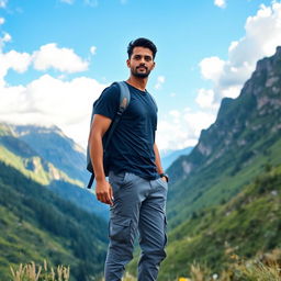 An Indian male model and actor traveling through a picturesque mountainous valley, dressed in a dark stylish t-shirt and gray cargo pants