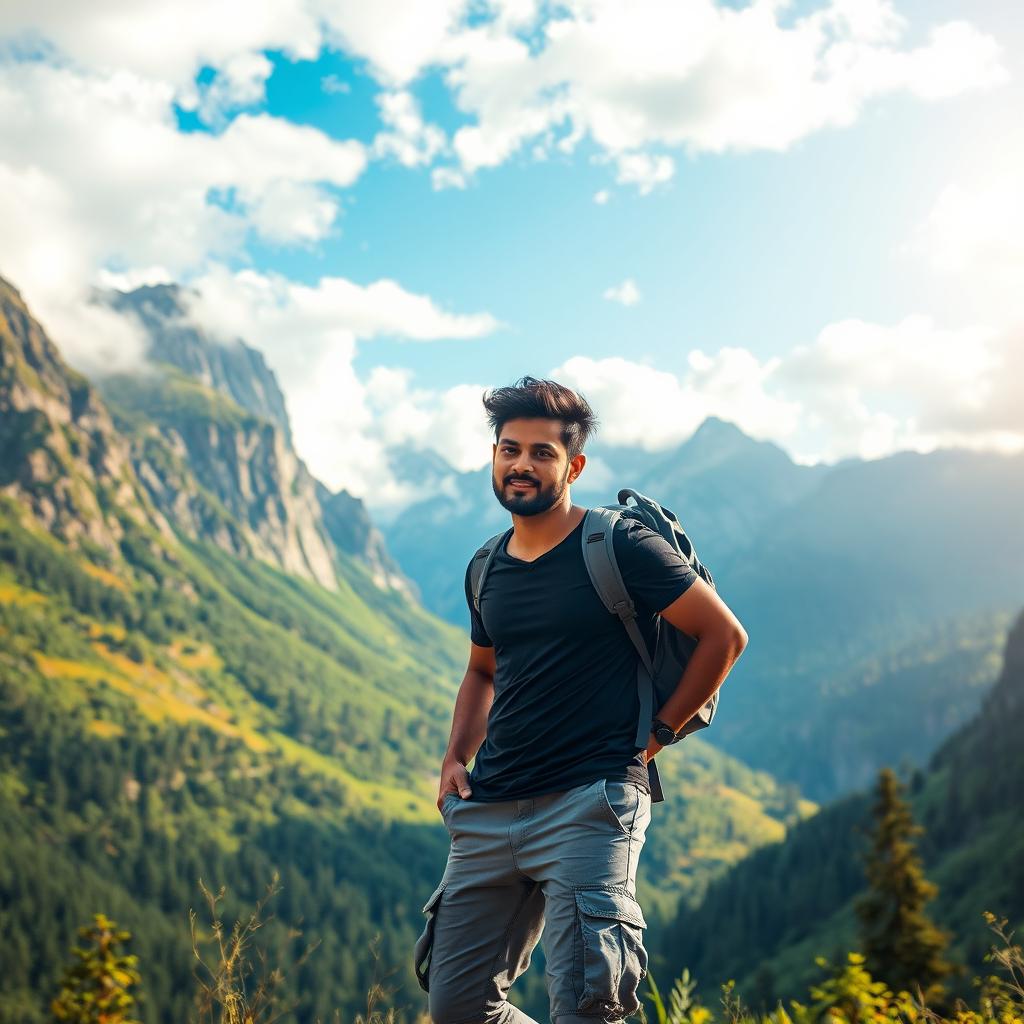 An Indian male model and actor traveling through a picturesque mountainous valley, dressed in a dark stylish t-shirt and gray cargo pants